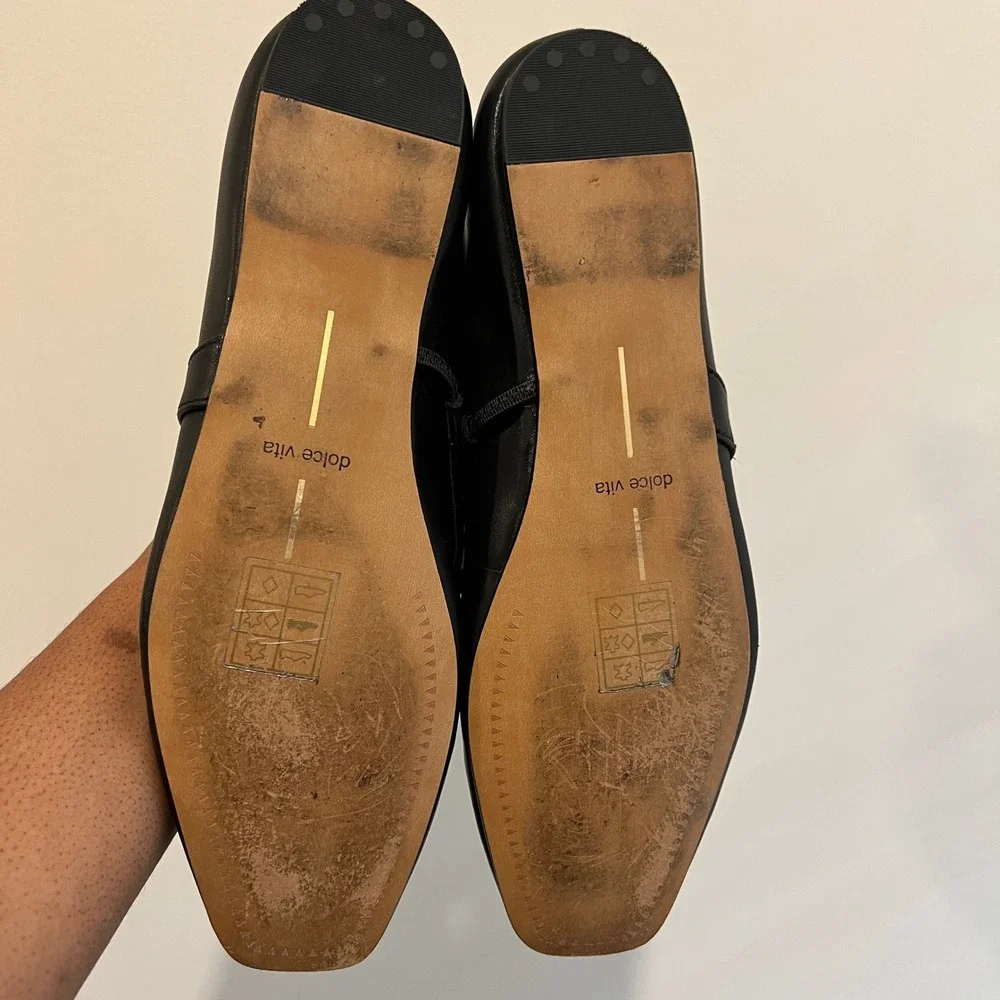 Dolce Vita Radya Black Leather Ballet Flats Mary Jane Gold Metal Accent Size 8.5